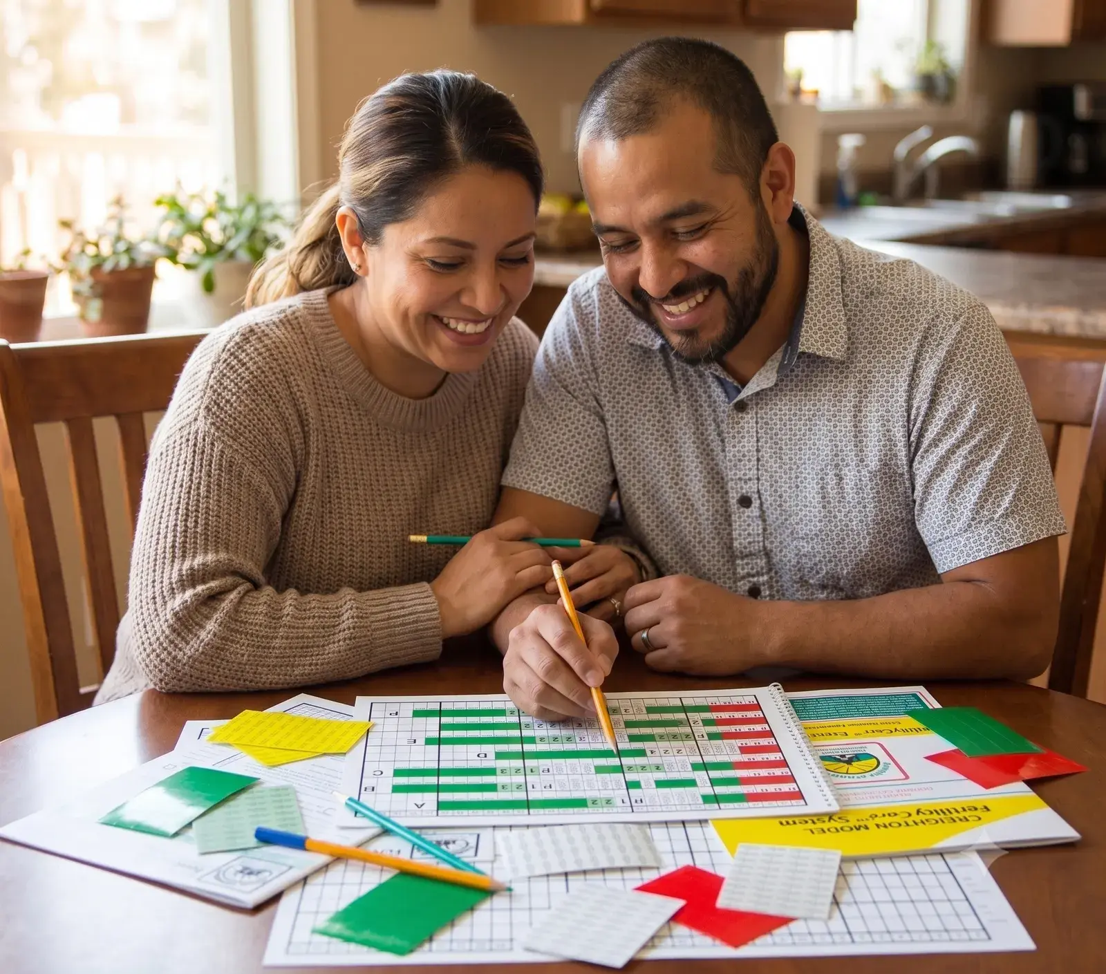 Pareja graficando su ciclo con los materiales del Modelo Creighton en su mesa de cocina.